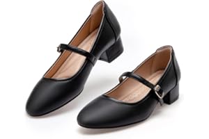 Hingswink Mary Jane Shoes - White Dressy Low Heel 2 Inch Chunky Heel Pumps with Adjustable Ankle Strap