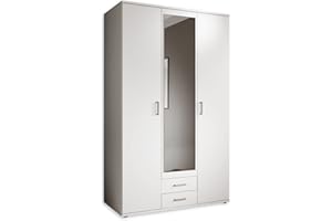 ‎STELLA TRADING Stella Trading KARL Eleganter Kleiderschrank 3-türig mit viel Stauraum - Vielseitiger Drehtürenschrank in Weiß mit Spiegeltür - 120 x 195 x 55 cm (B/H/T)