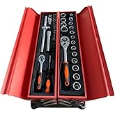 81 Par&ccedil;a Profesyonel Katlanabilir Metal Sandık Alet Takımı &ndash; 5 G&ouml;zl&uuml; &Ccedil;anta, 1/2" & 1/4" Cırcır Lokma Seti, Kombine Anahtarlar