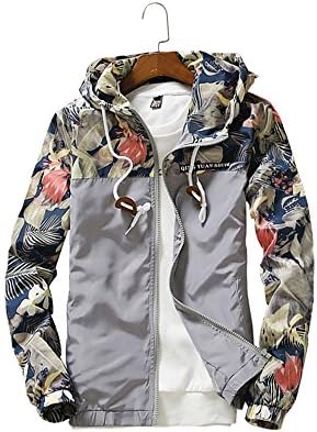 Cajerin Floral Bomber Jacket Men's Flower Floral Pattern Full Zip Hooded Coat Men's Fashion Flower Print Coat Zipper Jacket Windbreaker Jackets Coat (L, Grey)
