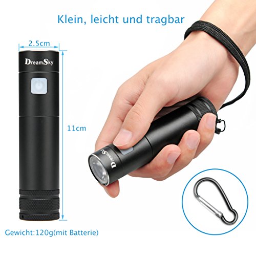 DreamSky wiederaufladbare LED Taschenlampe mit 18650 Batterie und USB Ladekabel, einstellbare 5 Leuchtmodi, wasserdicht, geeignet für Haushalt, Arbeit und Outdoor Aktivitäten - 5