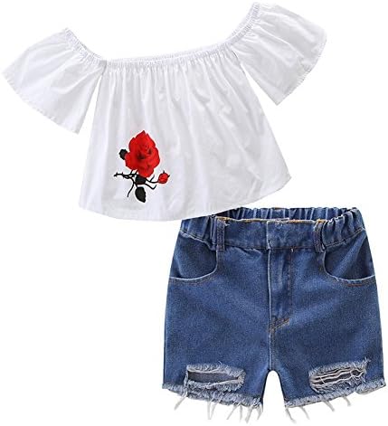 1-7 yrs Baby Toddler Little Girls Summer Clothes Off Shoulder Rose Print Shirt Tops + Ripped Jeans Shorts Outfits Set