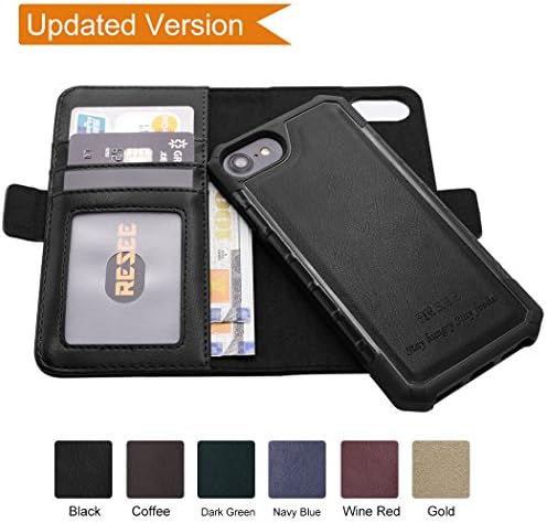 iPhone 8/7/6s/6 Wallet Leather Case[Detachable 2 in1 Cover], Resee Card Holder Magnetic Case, RFID Blocking, Shock Absorption Hard Cover - Black