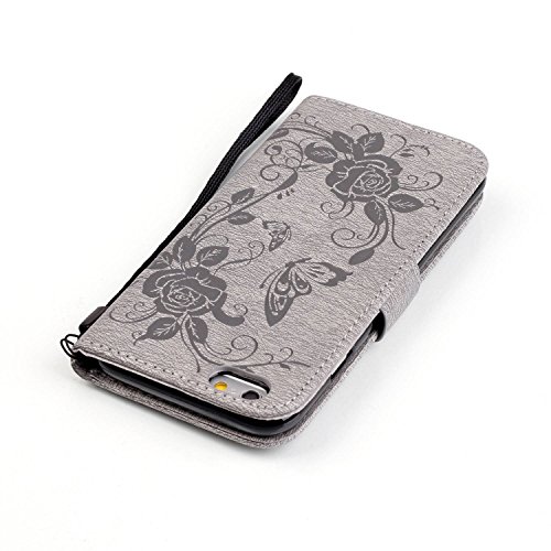 iPhone 6S / iPhone 6 Case Leather [with Free USB Charging Cable], ESSTORE-EU Elegant Butterfly Rose Patterned Embossing PU Leather Stand Function Protective Cases Covers with Card Slot Holder Wallet Book Design Fordable Strap Case for Apple iPhone 6S / iPhone 6 4.7 Inch, Grey