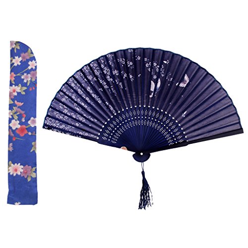 Gazechimp Seiden Schmetterling Sakura Faltbar Handfächer Klappfächer Fächer mit Taschen Beutel Blau