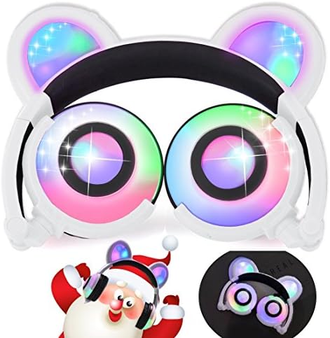 Headphones Over Ear with Microphone, USB Rechargeable Wired Foldable with LED Flashing Glowing Lights Bear Headphones for Girls,Children,Compatible for iPhone,iPad,Android Phone,Computer.