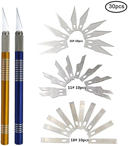 Home Decoration DIY Handmade M Artwork Knife Home Woodworking Knife Mobile Phone Film Knife Stone Metal Carving Knife Crafts DIY Tools with 30pcs blades (gold+blue(type1))