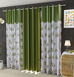 Coolstar 7ft Curtain for Door - Plain & Floral Pattern Grommet Eyelet Curtains - Room Darkening Panels for Living Room, Balcony & Kids Room, Set of 3, 7Feet, Green