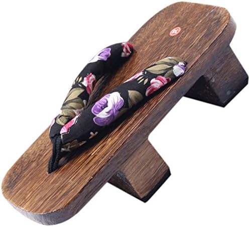 Milong Women's Japanese Style Wood Clog Flip Flops Shoes Wooden Geta Sandals Flower/Black