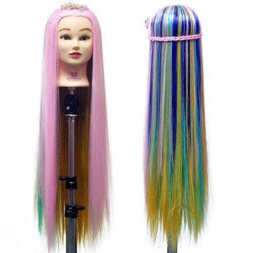 Neverland Beauty 30" Super Long Cosmetology Mannequin Head 100% Synthetic Hair Rainbow Color, Practice Training Hair Styling Mannequin Head with Table Clamp Holder UK Stock