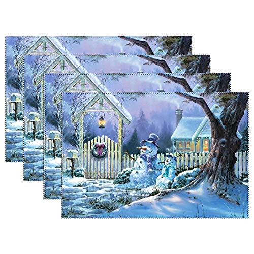 Yilooom Snowmen Gardian Christmas Eve Set of 6 Heat Resistant Stain Insulation Place Mats Anti-Skid Washable Canvas Table Placemats for Chistmas Holiday Decor 12 X 18 Inch