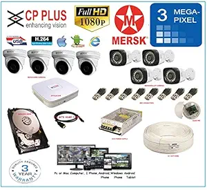 MERSK CP Plus 8 Ch HD DVR and Full HD 3MP CCTV Camera Kit with All Required Accessories , No Installation Service (White)