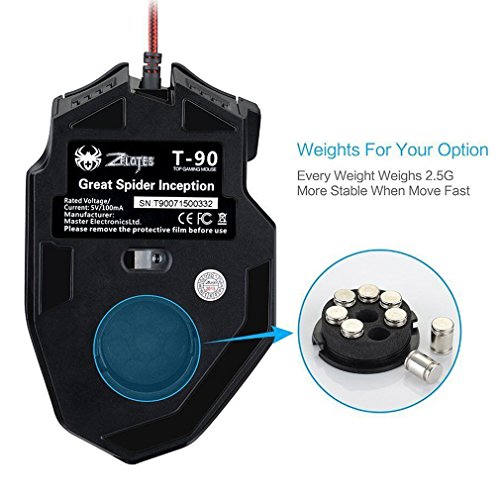 Zelotes T90 Rat  n Gaming 1000 a 9200 dpi  8 Botones y 6 dpi Ajustables  6 LED Colores Cambiantes  Ajuste de Peso para Windows Mac Macbook Linux - Negro