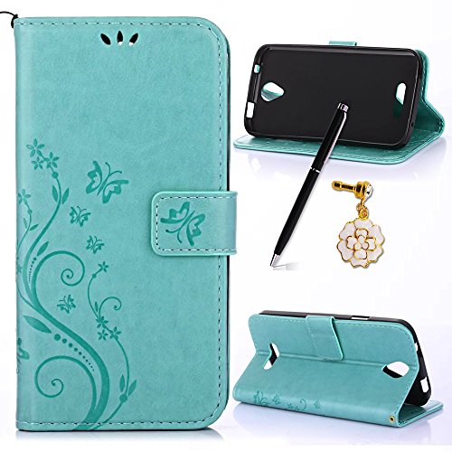 Doogee X6 / X6 Pro Hülle, SpiritSun Ledertasche Schutzhülle für Doogee X6 / X6 Pro Folio PU Leder Tasche Case Cover Bookstyle mit Standfunktion und Kredit Kartenfächer mit Staubstecker und Stylus Pen (Schmetterling und Blume, Grün)