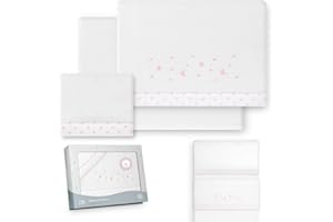 Interbaby - Juego Sabanas Minicuna 50x80 Poliester 100% | Sabana Cuna Bebe Coralina, Cálida | Incluye Sabana Bajera, Encimera y Funda de Almohada | Ideal para Invierno | Estrellas Luna Blanco/Rosa
