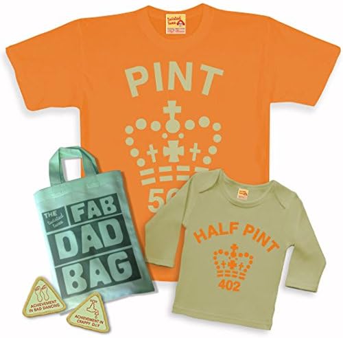 Matching Pint &amp; Half Pint T shirt Set for Father &amp; Son or Daughter - Orange &amp; Stone with Fab Dad Goody Bag and extra dad treats. (Half Pint 0-6 months, Orange/Stone Pint Medium)