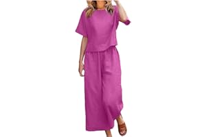 SYDUZAX Completi Estivi da Donna Offerte Oggi Tuta da Casa Casual Elegante in Cotone e Lino Tinta Unita Set da 2 Pezzi Sportivo da Donna Ampio e Confortevole a Maniche Corte con Scollo Tondo + Pantaloni