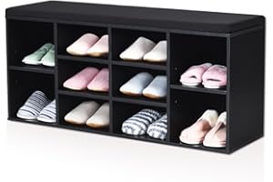 HOMASIS Schuhbank mit Sitz, Schuhregal aus Holz mit Polsterung, Sitzbank mit 10 Fächern, Schuschrank mit 2 höhenverstellbaren Ablagen für Eingangsbereich, Flur, Wohnzimmer, 104 x 30 x 48 cm (Schwarz)