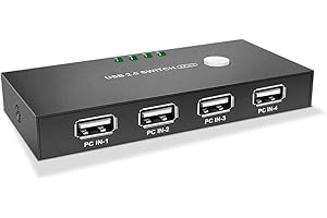 PWAY Commutateur USB 2.0 Sélecteur de Commutateur USB 4 Ports 4 Ordinateurs Partageant 2 Périphériques USB Boîtier de Commutation KM pour PC, Imprimante, Scanner, Clavier