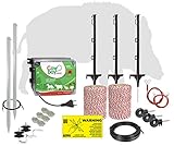 Lieferumfang: 1x 230V Weidezaungerät, 3x 400m Litze, 90x Kunststoffpfähle 70 cm, 12x Eckrolle, 3x Litzenverbinder, 50x Ringisolatoren, 1x 10m Hochspannungsakbel, 1x Warnschild, 3x Erdstab 1m, 1x Zaunkabel, 1x Erdanschlusskabel, 2x 3m Erdverbindungskabel