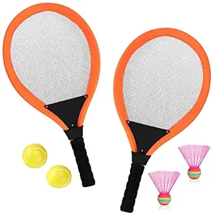 Toyshine Tennis Racket Set for Children -1 Pair Tennis Racquets with 2 Soft Balls and 2 Pc Shuttlecocks for Toddler Indoor/Outdoor Sports Color May Vary SSTP