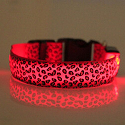 Preisvergleich Produktbild Evtech (tm) Leopard-Druck Nachtsicherheit führen Collar Hundekatze-Haustier Halsband verstellbar mit grellem Licht-up Red - M