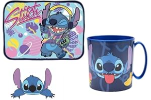 ILS I LOVE SHOPPING Set Merenda Colazione 2 Pezzi con Tovaglietta Ripiegabile Morbida Sottopiatto Pieghevole e Tazza Bicchiere 350ml per Microonde (per STITCH)