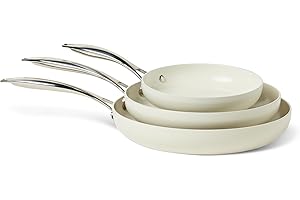 Amazon Basics Padelle Antiaderenti in Ceramica, Set di 3 Pezzi, Adatte a Tutti i Piani Cottura, Lavabili in Lavastoviglie, Avorio