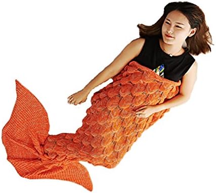 Knitted Mermaid Tail Blanket Fish-Scale Pattern-All Seasons Mermaid Outfit,Soft Living Room Sleeping Bag for Adults 180*80 cm(70.9*31.5 inches) (Orange)