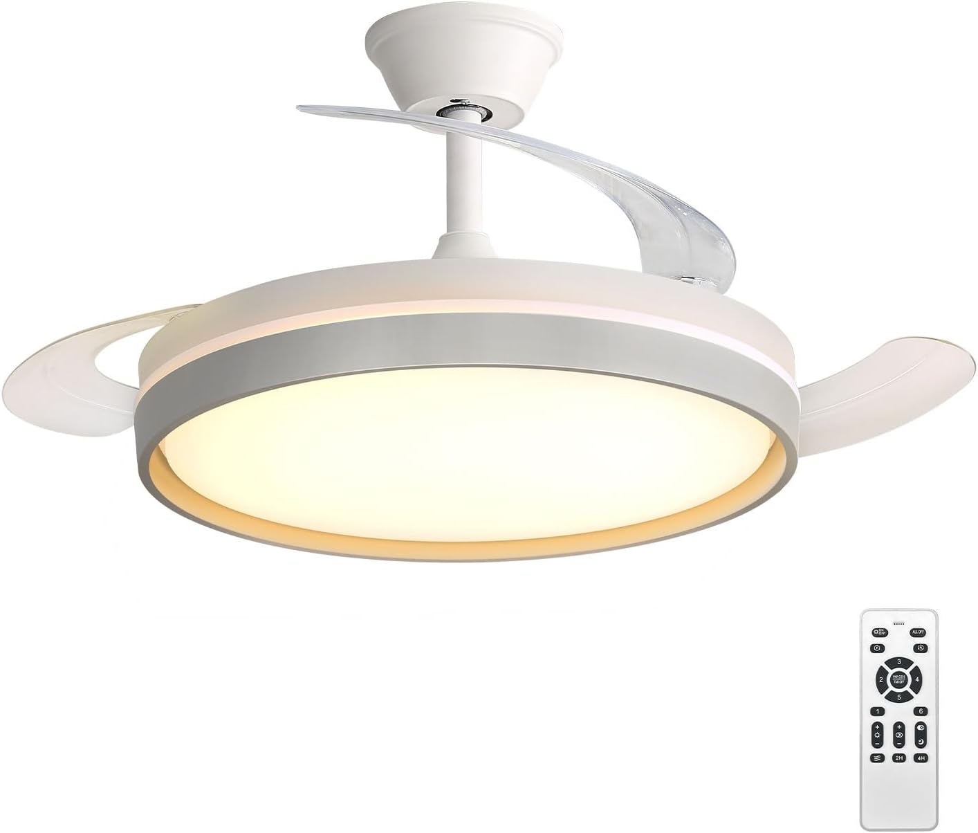 Ventilador de Techo con Luz LED 60W, con Mando a Distancia, Ø42in, temporizador, 6 velocidades, aspas retráctiles, 3 temperaturas de luz, función verano-invierno, 5600LM，Blanco minimalista moderno