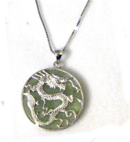Toc 925 Silver Jade Round Dragon Pendant on 18 Inch Chain
