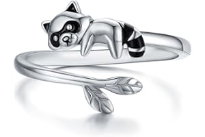 CHENGHONG Anillo de mapache de plata 925 ajustable mapache anillos niñas damas joyas, Plata de ley