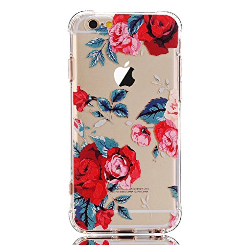 iPhone 7 Case with flowers,iPhone 8 Case, LUOLNH Slim Shockproof Clear Floral Pattern Soft Flexible TPU Back Cover [4.7 inch] -Red Rose