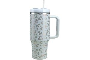 GAWENTINY 40 oz Reisebecher mit Strohhalm und Deckel, doppelter vakuumisolierter Kaffeebecher aus Edelstahl mit Henkel, Fassungsvermögen 1182ml Thermobecher mit Strohhalm (Nebliger Leopard)