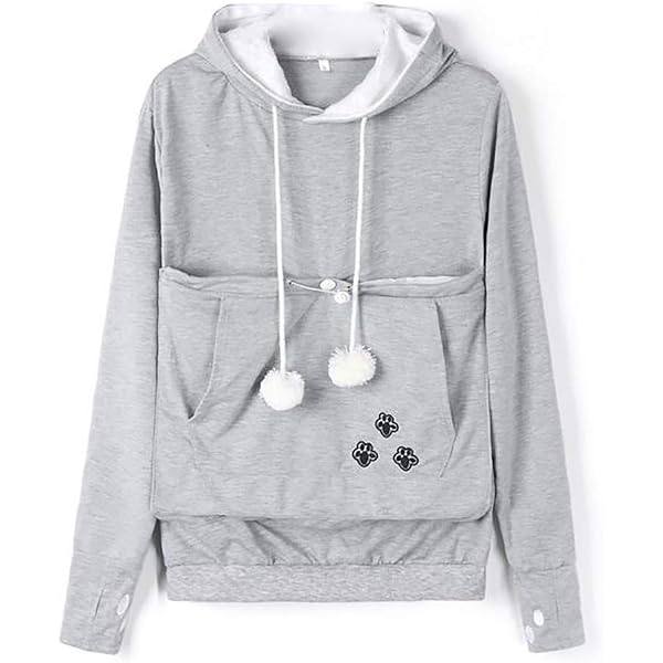 Damen Kapuzenpullover Mit Großer Tiermotiv-Tasche – Sweatshirt Mit Katze/Hund Design, Weiß