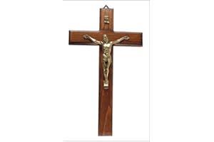 Biblegifts Crucifix 9" or 11" Jesus on Wooden Cross Hanging Religious Christian Worship Symbol Dark Wood & Brass in Gift Box (9 inch)