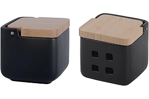 KOOK TIME Set di accessori da cucina - saliera e porta aglio in ceramica e bambù - 2 pezzi, 11,5x11,5x11,5 cm