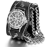 JewelryWe Herren Armbanduhr, Leder Legierung, Lederarmband Armreif Analog Quarz Uhr mit Kreuz Zifferblatt, Schwarz