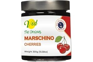 Ved Gourmet Original Red Marasquin Cerises - Cerise Italienne pour Cocktails à l'Ancienne - Cocktail Vegan, Cerises Bourbon au Sirop Naturel pour Garniture Cocktail - Pot 300g, 300 g (Lot de 1)