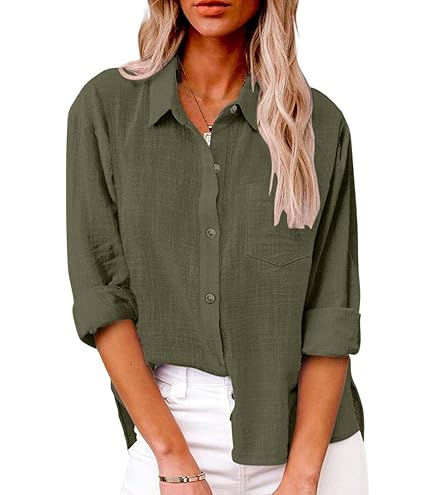 Damen Musselin Bluse - Leinen Look Mit V-Ausschnitt