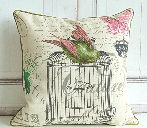 Kissenhülle im Shabby chic mit zauberhafter Bestickung in grün mit Vogel und Schmetterling