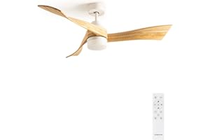 CREATE / WINDLIGHT CURVE DC/Ventilatore da soffitto con luce, motore DC bianco, con pale in legno naturale/Silenzioso, 2 livelli, timer