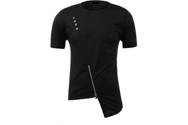 Caxndycing T-shirt asymétrique à fermeture éclair pour homme avec boutons et fermetures éclair boutonnées, manches courtes, col rond, irrégulier, coupe ajustée, haut tendance extensible