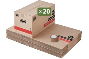 Pack and Move- Lot 20 Cartons Déménagement Premium - 60 X 30 X 30 Cm - Extrême Résistance 30KG - Réutilisable - Poignées Renforcées - 1 Adhésif Offert