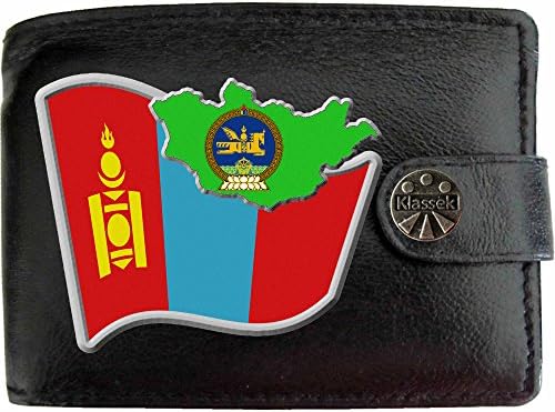 Mongolia Flag Mongolian Map and Coat of Arms COA KLASSEK Mens Wallet Real Black Leather RFID Blocking with Coin Pocket and Metal Gift Box