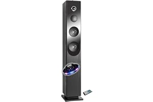 gef-roy Enceinte Colonne Blacktower, avec Lecteur CD, Bluetooth, FM et USB, 100W, télécommande, Jeu de lumière OVNI LED