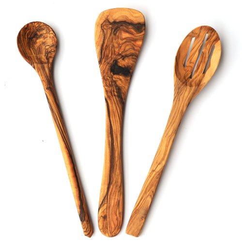 KÜCHENSET AUS OLIVENHOLZ by Mastro Leonardo (KOCHLÖFFEL / HOLZLÖFFEL + PFANNENWENDER + NUDELLÖFFEL) - Handarbeit aus Italien