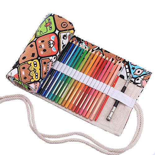Abaría - Bolso para lápices, grande estuche enrollable para 72 lapices colores, portalápices de lona, bolsa organizador lápices para infantil adulto, Dibujos animados 72