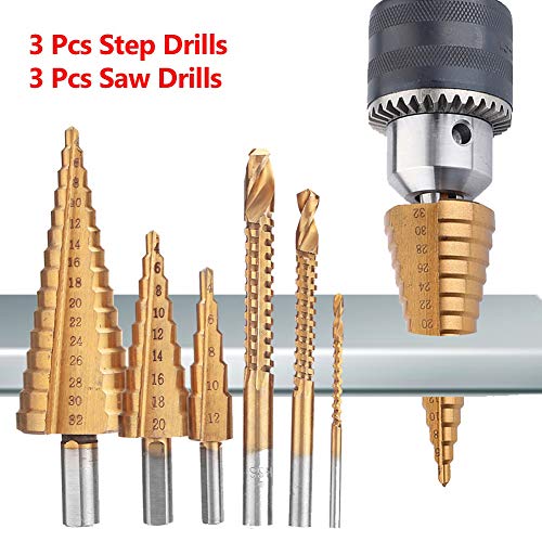 P12cheng Step Drill Bits,6Pcs HSS Mixed Drill Bits Set Step Saw Drill Hole Cutter Woodworking Hand Tool