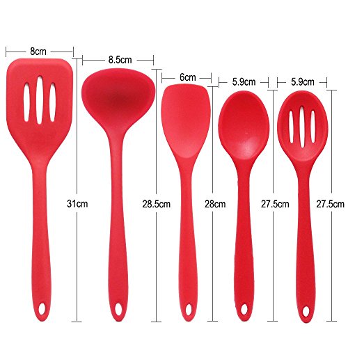 Silikon Küchenhelfer Set,Zilong Küchenzubehör,Löffel,Schöpfkelle,Pfannenwender,Spatel,Schaumlöffel hitzebeständig,Perfekt für Kochen,Braten,Suppen usw,mit Gesund,Preiswert und Praktisch,Rot,5Stk (BPA Frei) - 3